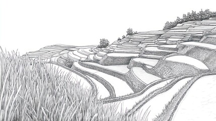 Pen sketch of rice terraces on hillside.