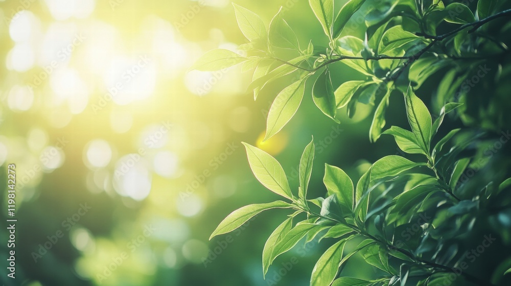 Poster Serene green forest with sunlight filtering through the leaves on a calm day. Generative AI