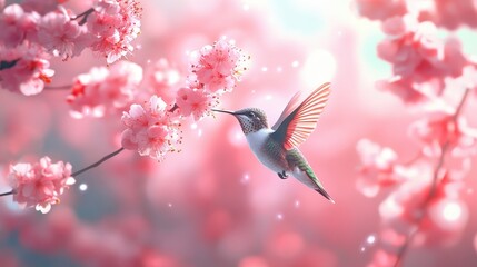 Hummingbird feeding on pink blossoms, wings outstretched. Perfect for spring, nature, and serenity themes, evokes peace and beauty.