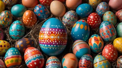 Obraz premium Top view of Colorful painted Easter eggs in different colors, sizes and patterns. Festive Easter concept.