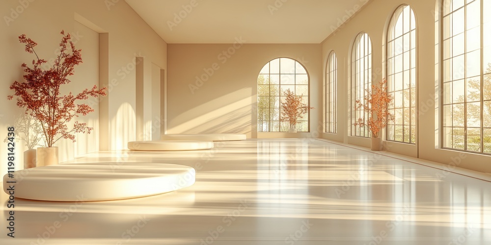 Poster minimalist geometric platform display with soft natural light and delicate shadows