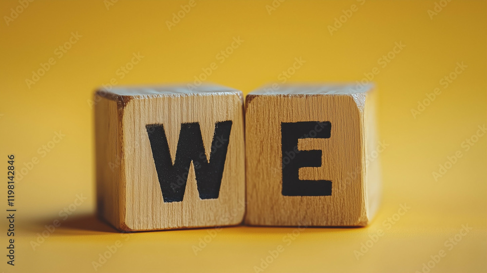Poster wooden blocks with letters we on yellow background showcasing creativity and learning in a playful s