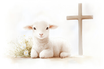 Cute Easter Lamb with Flowers Lying Near Cross Watercolor Illustration