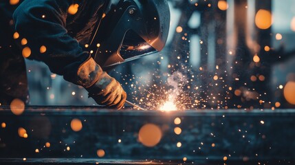 A detailed close-up of a welder in protective gear working on metal beams amidst sparks, Welding scene, Industrial and technical style