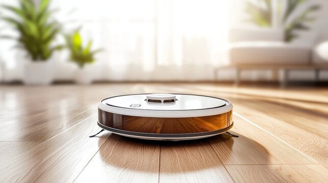 Modern product launch ad, robot vacuum on hardwood floor, text overlay area for details, minimalistic and stylish, smart home theme