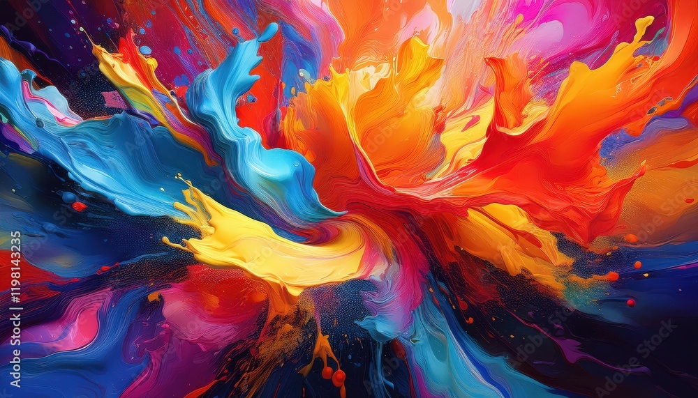 Poster vibrant and dynamic colorful paint splashes create striking artistic masterpiece with bold textures 