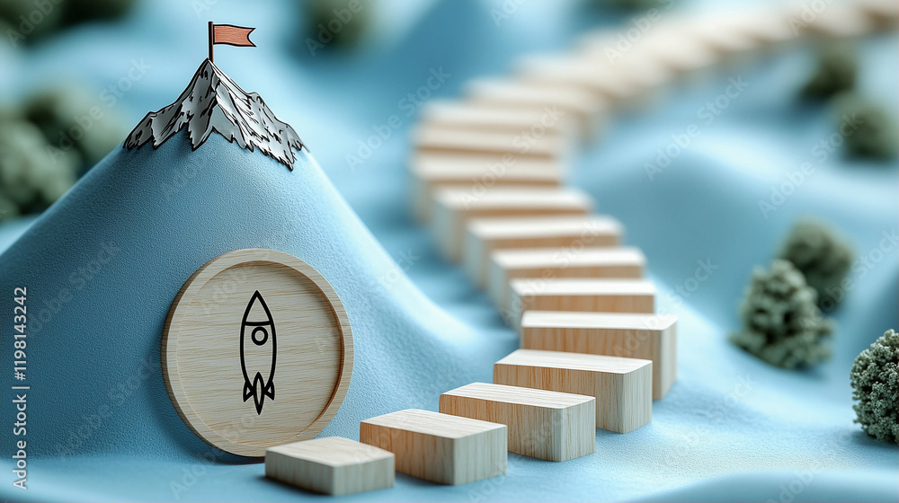 Poster mountain with rocket symbol representing success path and journey towards achievement in a conceptua