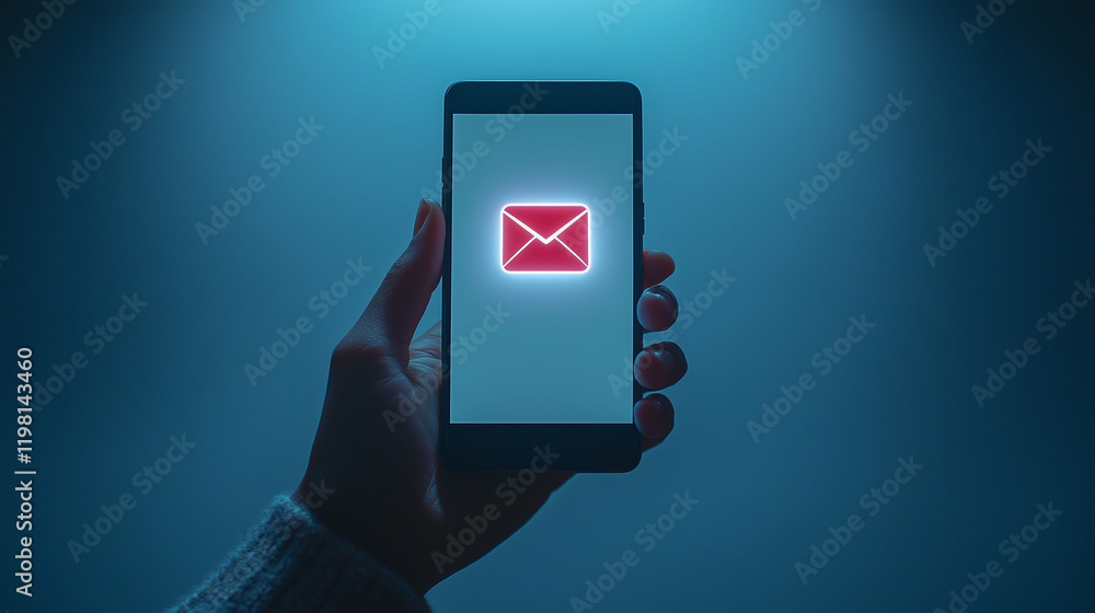 Poster smartphone displaying email notification in a hand with neon light and modern design