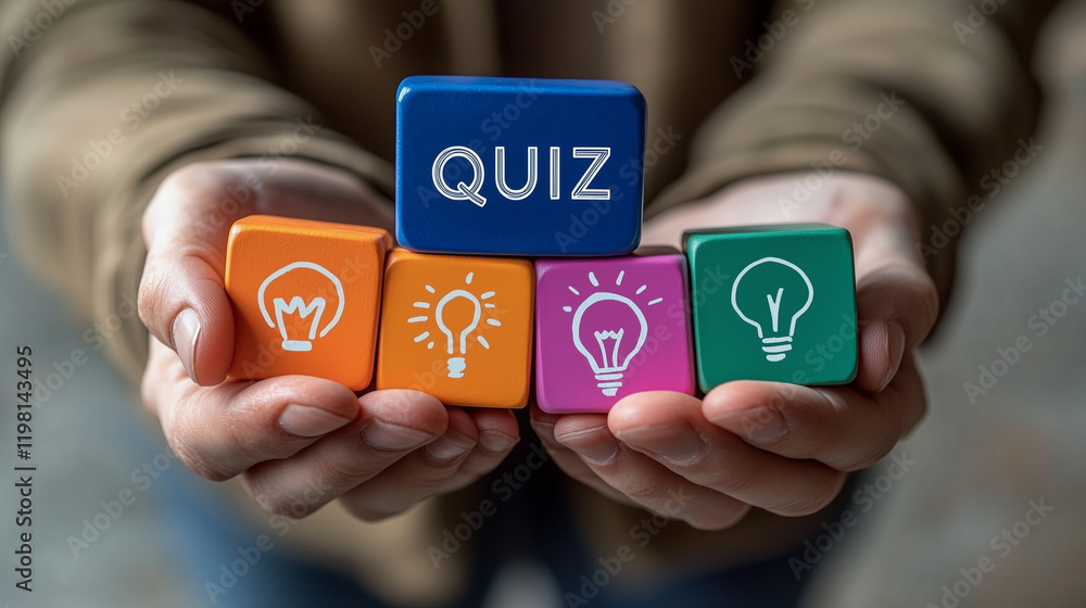 Poster quiz blocks showing creativity with light bulb designs promoting knowledge and fun