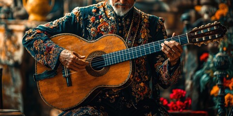 Obraz premium An intricately dressed musician plays an ornate acoustic guitar, reflecting cultural richness and the timeless art of musical expression in a vibrant setting