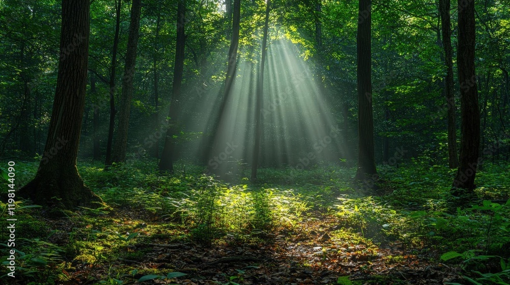 Poster sunbeams filtering through lush forest canopy creating a magical atmosphere