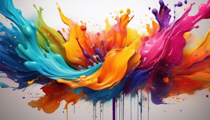 Vibrant Paint Splashes on White Backdrop A Symphony of Colors Showcasing Artistic Expression and Energy