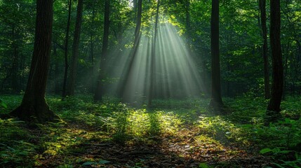 Obraz premium Sunbeams filtering through lush forest canopy creating a magical atmosphere