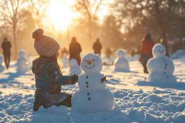 Obraz premium Child in a red jacket building a snowman during a sunset, surrounded by soft falling snowflakes