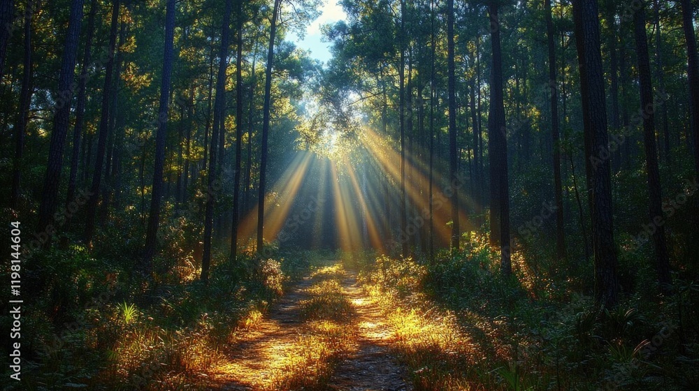 Poster sunbeams illuminate a mystical forest path