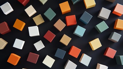 A detailed 3D render of color swatches in cube forms, floating in zero gravity against a black void; minimalist style, glowing edges, sci-fi ambiance