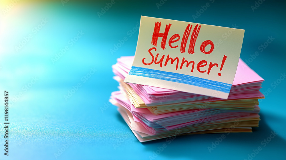 Poster stack of sticky notes with hello summer message in vibrant colors for positive vibes