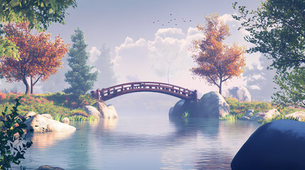 A serene landscape featuring a whimsical bridge over calm water, surrounded by trees and rocks, embodying peace and tranquility. Riverstone. Illustration