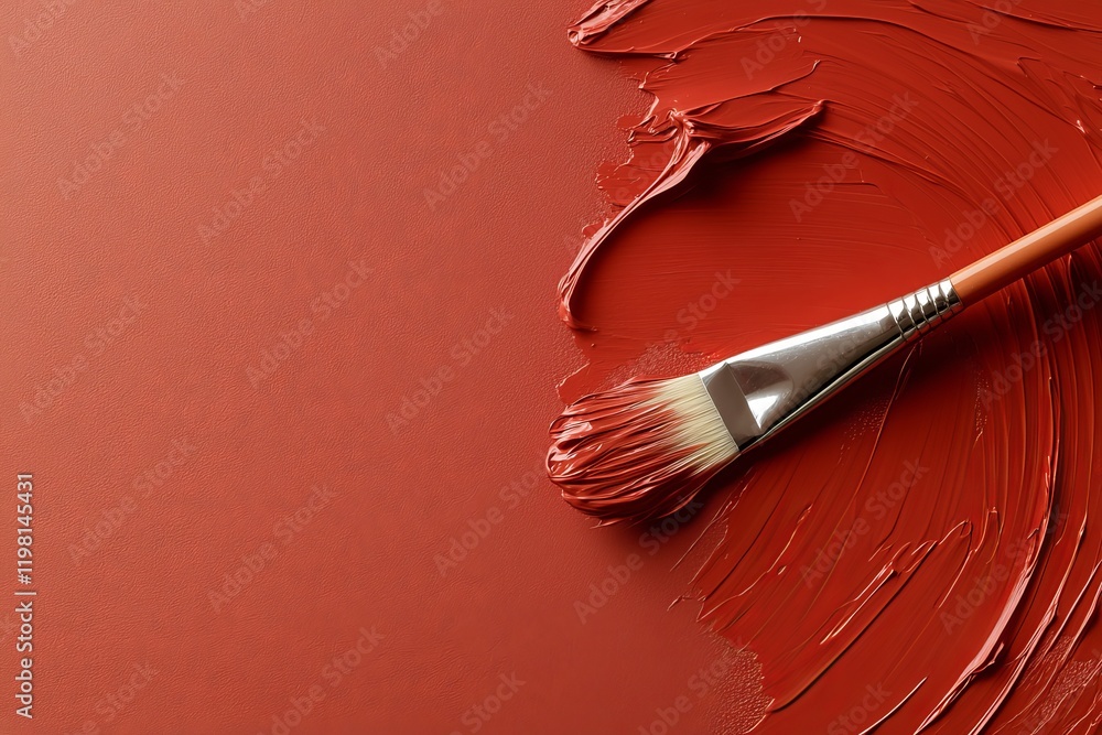 Poster brush applying rich red paint on textured surface in art studio setting with creative atmosphere and