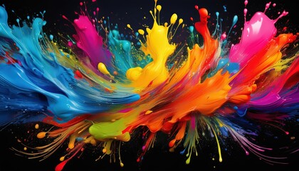 Vibrant Abstract Artwork Striking Color Splashes against Black Backdrop, Embracing the Essence of Modern Expressionism and Creative Freedom.