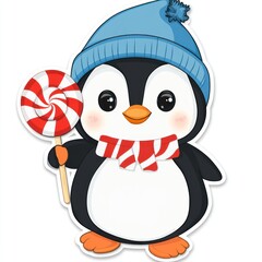 Fototapeta premium Cute penguin holds candy, wears hat and scarf, on white background, for winter or holiday theme