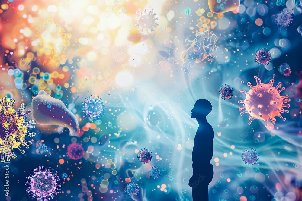 Poster man is looking at a colorful, chaotic scene of viruses and bacteria. concept of unease and uncertain