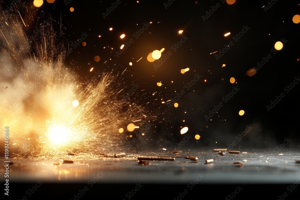 Poster explosive sparks and bright lights illuminate the dark background during an intense experiment or pe