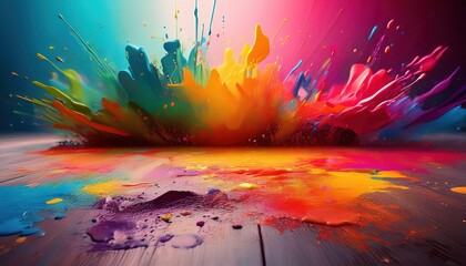 Vibrant Abstract Paint Splatters Against an Empty Foreground A Colorful Exploration of Artistic Expression