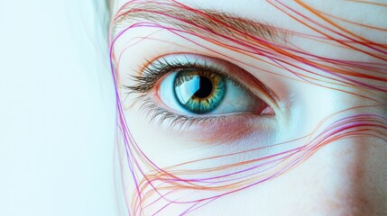 Close up of a captivating human eye surrounded by colorful abstract lines. Generative AI
