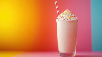 Colorful Milkshake with Whipped Cream and Sprinkles Against Vibrant Multi-Colored Background Capturing a Fun and Sweet Dessert Moment