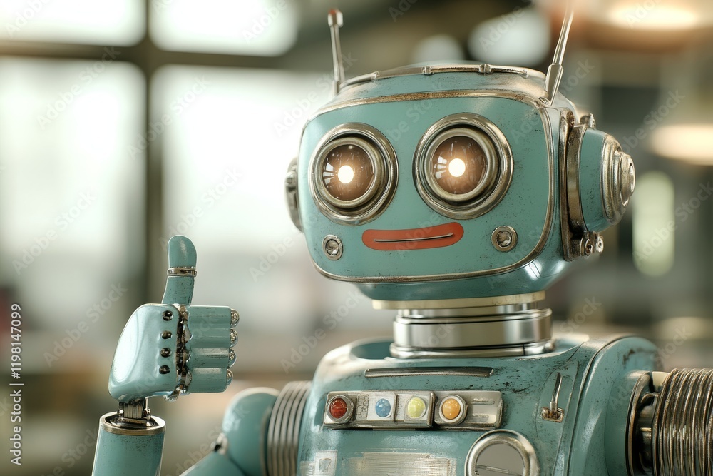 Aufkleber vintage robot displaying a thumbs up gesture in a modern workspace setting during daytime