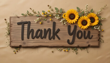 Rustic wooden thank you sign with sunflowers.