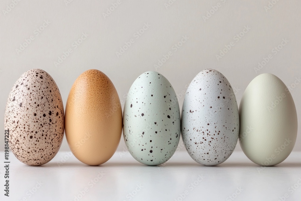 Poster colorful collection of different eggs arranged in a line on a minimalist background
