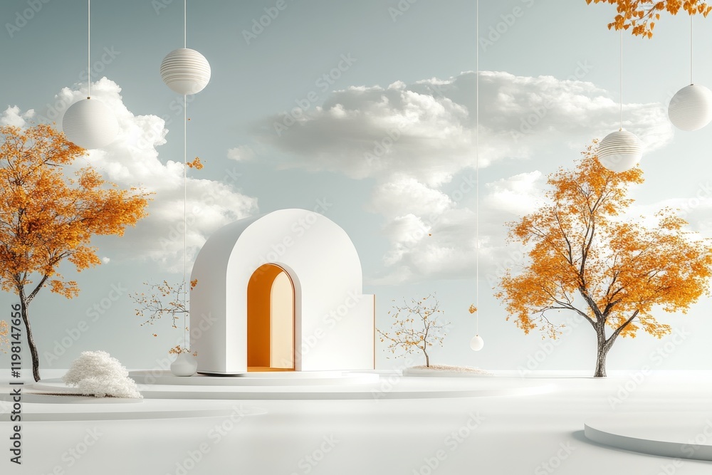 Poster tranquil autumn landscape featuring minimalistic architecture and hanging lanterns in a serene setti