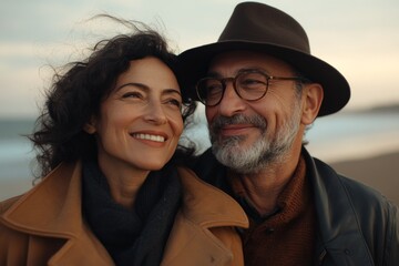 Couple enjoys a peaceful moment by the beach during sunset with warm smiles and loving gazes