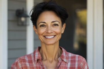 Smiling woman stands outside her home on a sunny day wearing a plaid shirt and exuding warmth and happiness