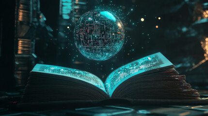 Futuristic Open Book with Holographic Data Sphere Inside - Virtual Reality Concept