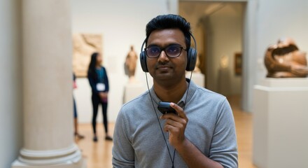Obraz premium Man wearing glasses and headphones is standing in front of a statue