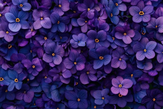 Overhead view of colorful purple African violets on floral wallpaper with indoor plants