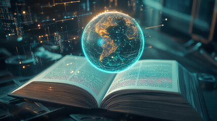 Open book with glowing holographic globe, showcasing knowledge and technology integration