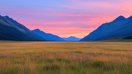 Obraz premium Valley meadow and expansive, A serene landscape featuring rolling mountains and a vibrant sunset, casting beautiful colors across a vast, grassy meadow.