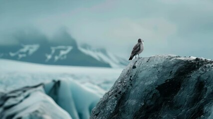 Video of a lonely bird on a rock in a cold climate. Suitable for nature illustration, wildlife documentaries, environmental projects.
