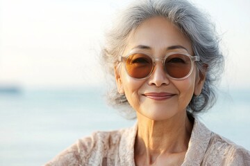 Smiling elderly woman wearing sunglasses enjoying a sunny day at the beach by the sea