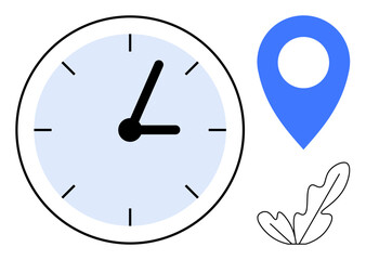 Clock with black hands and light blue face indicating time, adjacent blue location pin with white center, black-outlined leaf. Ideal for time management, navigation, scheduling, planning