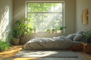Scandinavian Minimalist Bedroom with Natural Light and Green Plant