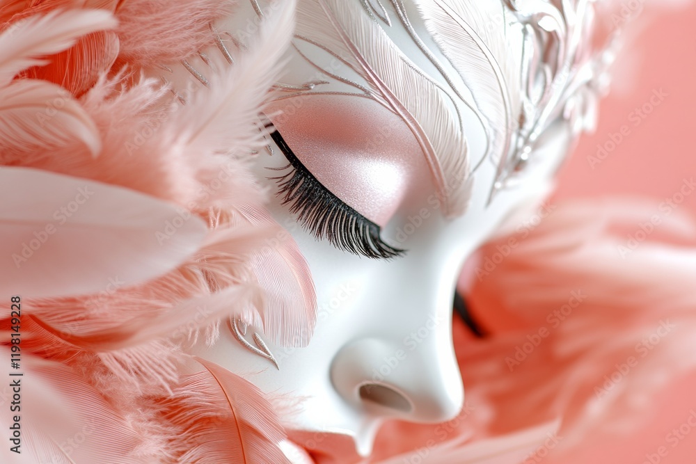 Poster elegant mask adorned with feathers showcases intricate design during an artistic display in a serene