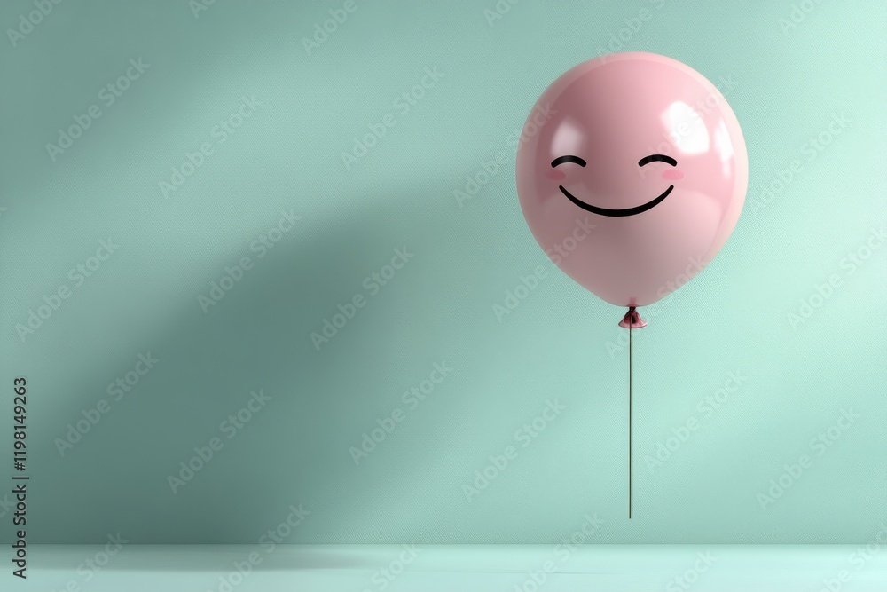 Poster pink balloon with a smile design floating in a minimalistic aqua background