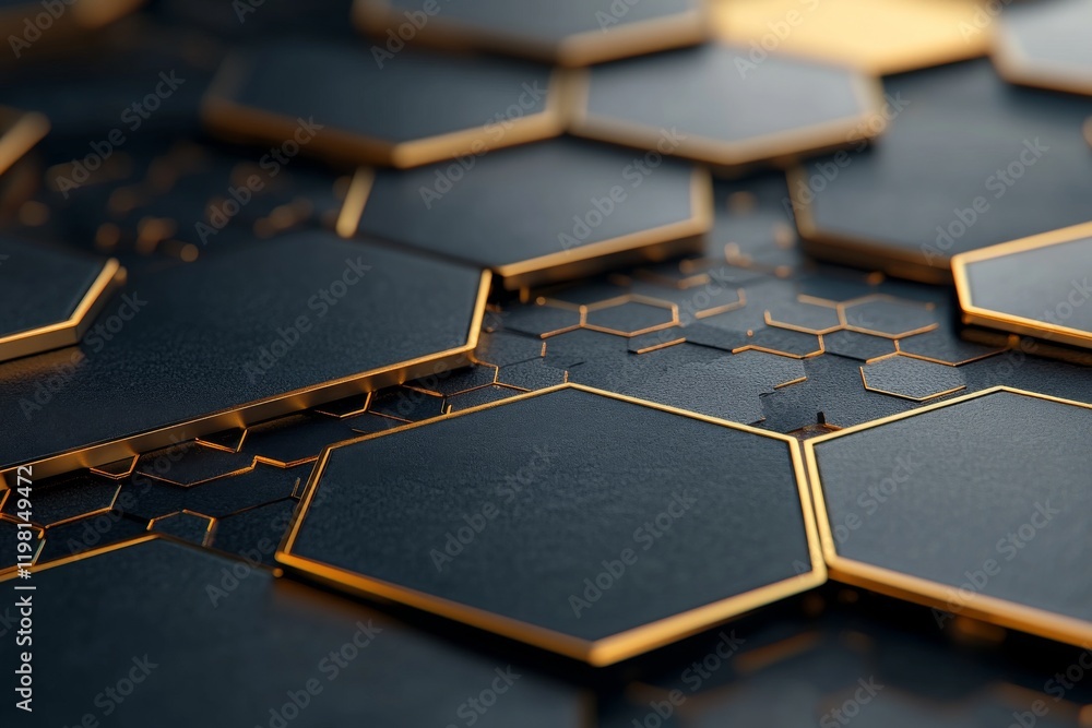 Poster abstract hexagonal pattern with metallic accents showcasing geometric design and textures in a dark 