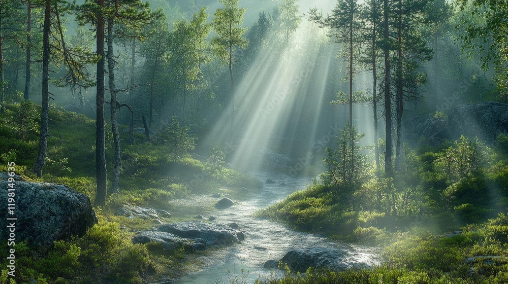 Poster sunbeams filtering through a misty forest, illuminating a tranquil stream and lush vegetation
