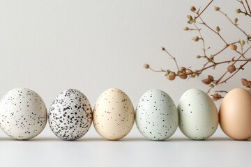Fototapeta premium Beautifully arranged easter eggs in various colors and patterns on a simple background with delicate branches